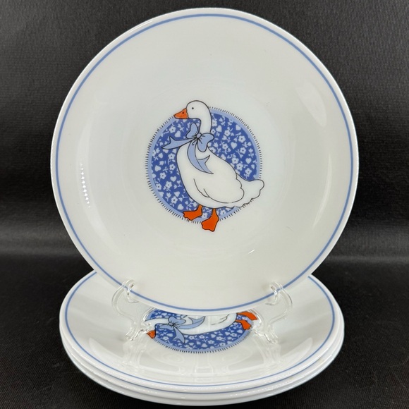 Arcopal Other - Arcopal France Milk Glass Blue Ribbon Geese Duck Salad Plates Set of 4